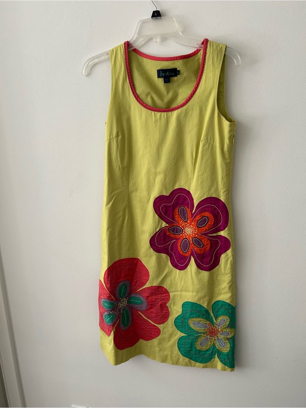 Boden Bright Yellow Shift Dress with Colorful Floral Appliqué